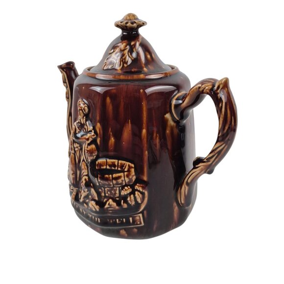 Vintage Rockingham Style Rebekah At The Well Coffee Tea Pitcher Brown Drip Glaze - Picture 5 of 10